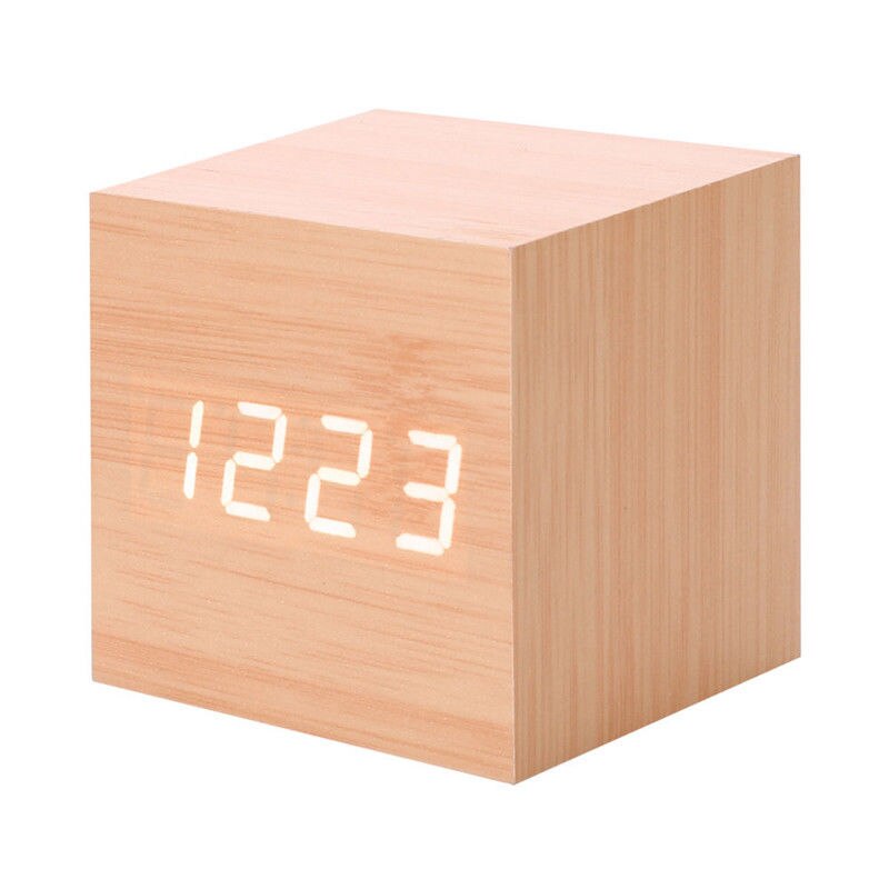 Träkub digital ledd skrivbordslarmtermometer timer kalender usb klocka b: C