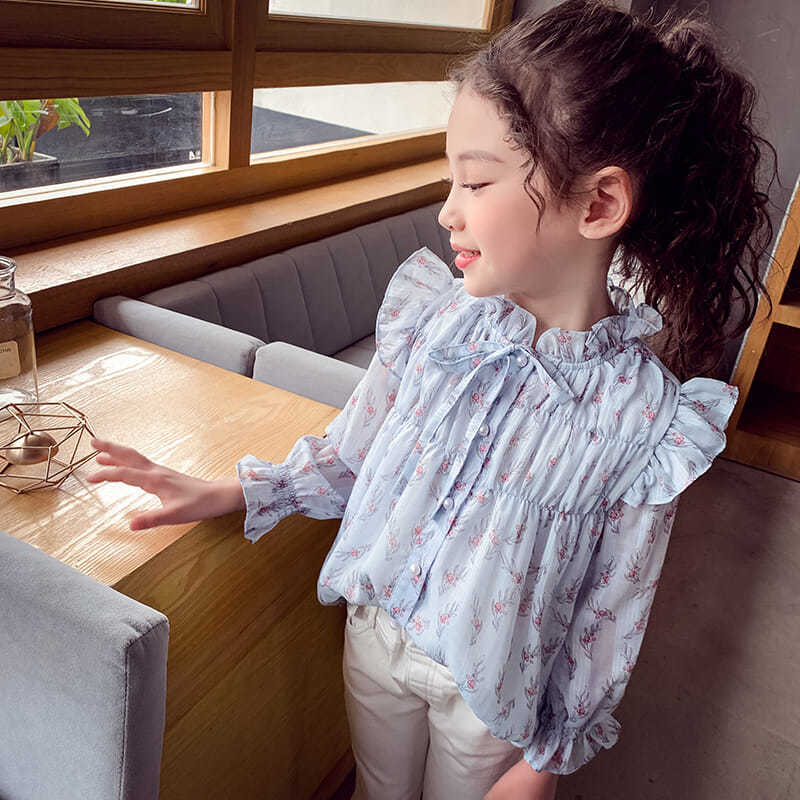 Chemisiers en coton à manches trompette pour filles, Long, évasé, en mousseline de soie, Style coréen, imprimé Floral, vêtements pour enfants, T69