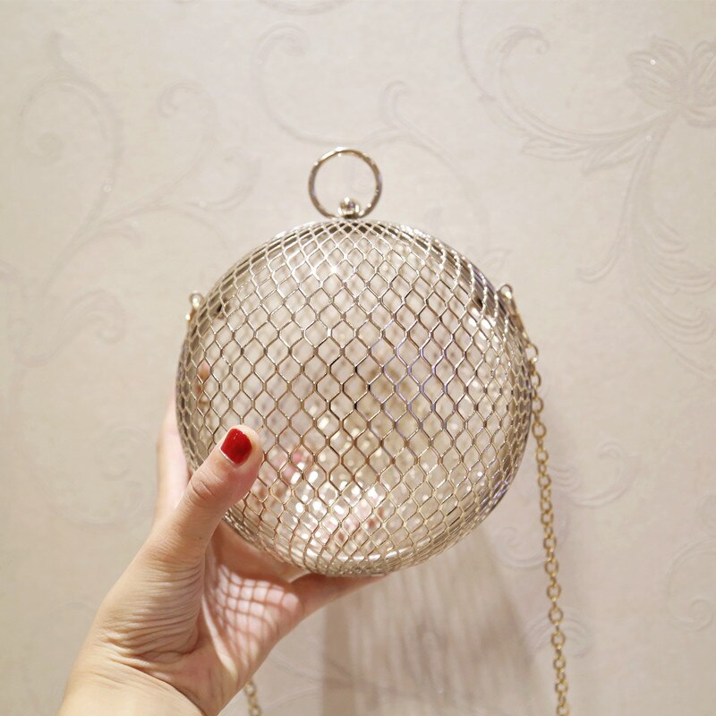 Gold Metal Clutch Bag Luxury Handbags Women Bags Round Mini Hollow Ladies Hand Bag Chain Crossbody Sac Purse