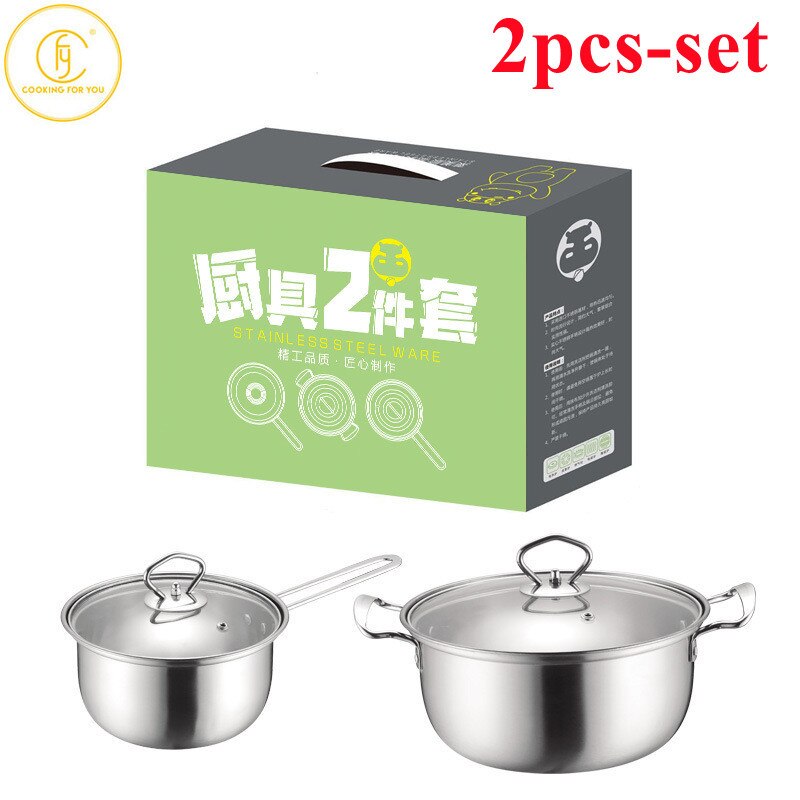 2/3Pcs Stainless Steel Pot Frying Pans Set Pressure Cooker Braised Cooking Milk Soup Pot Steamer Stew Pan Kitchen Cookware: 2pcs-set