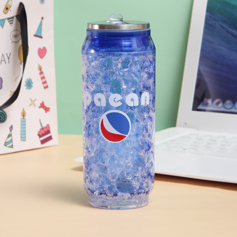 Śliczne dwuwarstwowa plastikowa butelka wody koksowniczej zgnieciona słoma lodowa 450ml kubek BPA bezpłatne naciskać pokrywa podróż oraz wycieczka Puchar prezent urodzinowy: niebieski