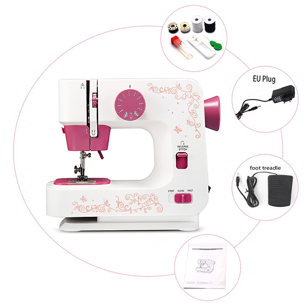 Home Electric Desktop Sewing Machine Household Overlock DIY clothes 2 speed 12 stitches portable Battery/DC adapter Hicello: EU PLUG
