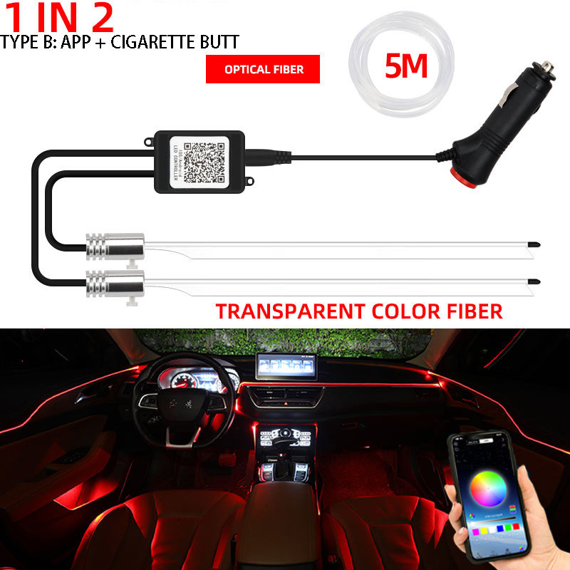 Luces decorativas para Interior de coche, tiras LED RGB de neón, 1/2 en 1, Bluetooth, controlado por aplicación, luces de fibra óptica USB, 12v: Color blanco cálido