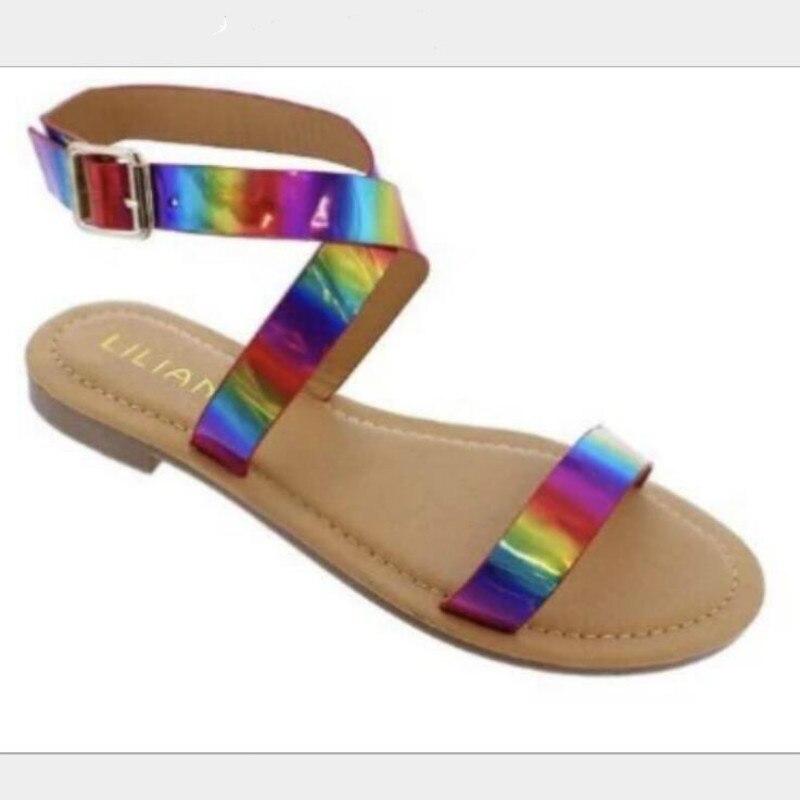 Bunte PU Leder Flache mit Frauen Sommer sandalen mit Schnalle Weiblichen Strand Offene spitze Rom schuhe
