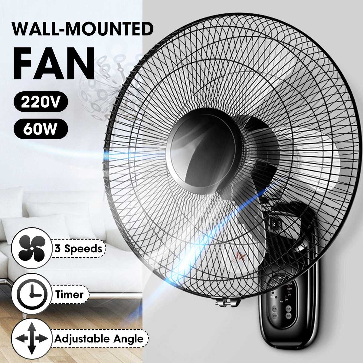 16 Inch Remote Wall Mounted Fan Oscillating Home Air Cooling Fan Timer 3 Gears Adjustable Living Room Electric Cooler Fan