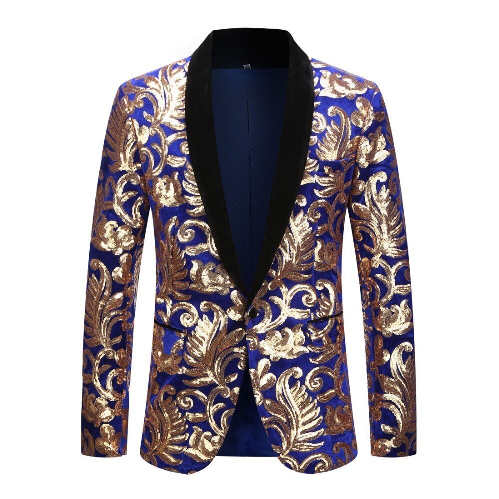 PYJTRL-Chaqueta de terciopelo de lentejuelas para hombre, chal de con solapa Floral, lentejuelas, Azul Real, ajustado, para cantante de escenario: US size XL 44R