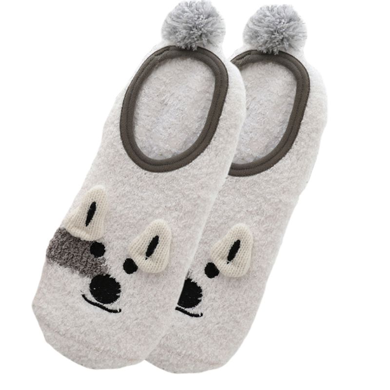 1 Pair Lady Winter Fuzzy Warm Slipper Floor Socks Cute Cartoon Animal Embroidery Coral Velvet Hosiery Footlet Sock Warmer: 1