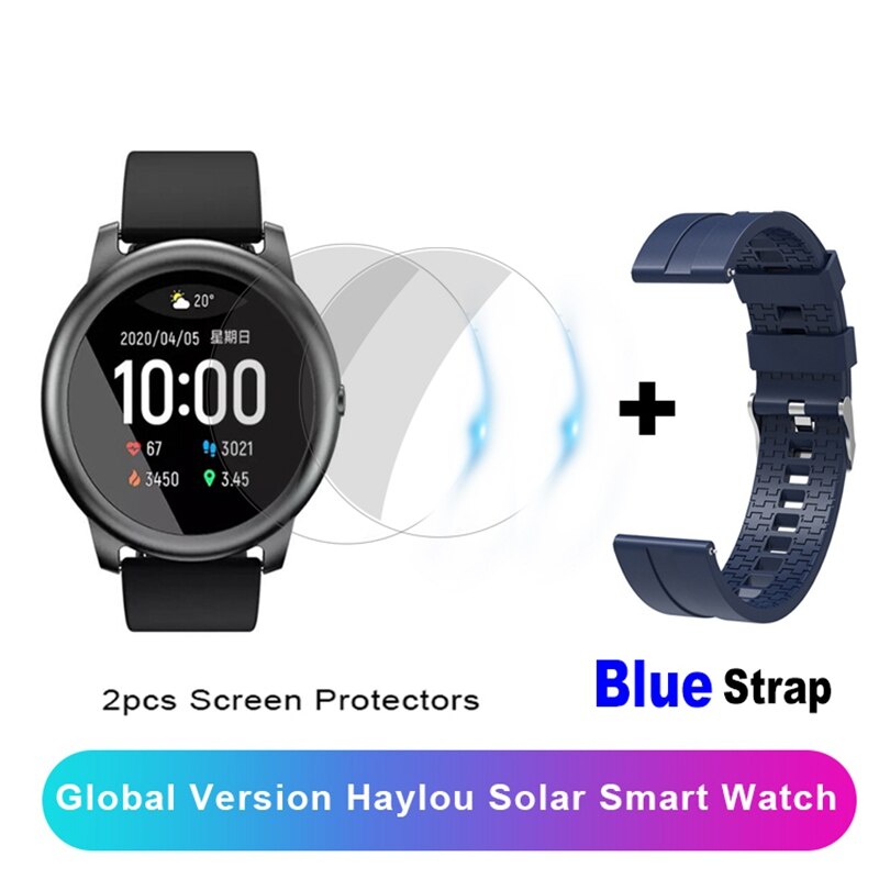 Xiaomi Haylou Solar Smart Watch IP68 Waterproof Heart Rate Sleep Monitor Pedometer Multiple Sport Watch For Android iOS: Add 2Film Blue