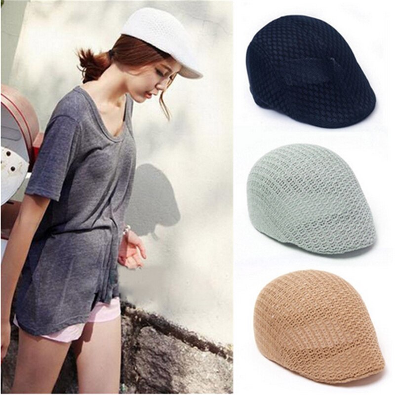 Summer Unisex Men Women Sun Mesh Beret Cap Newsboy Cabbie Flat Peaked Hat Casquette Breathable Berets