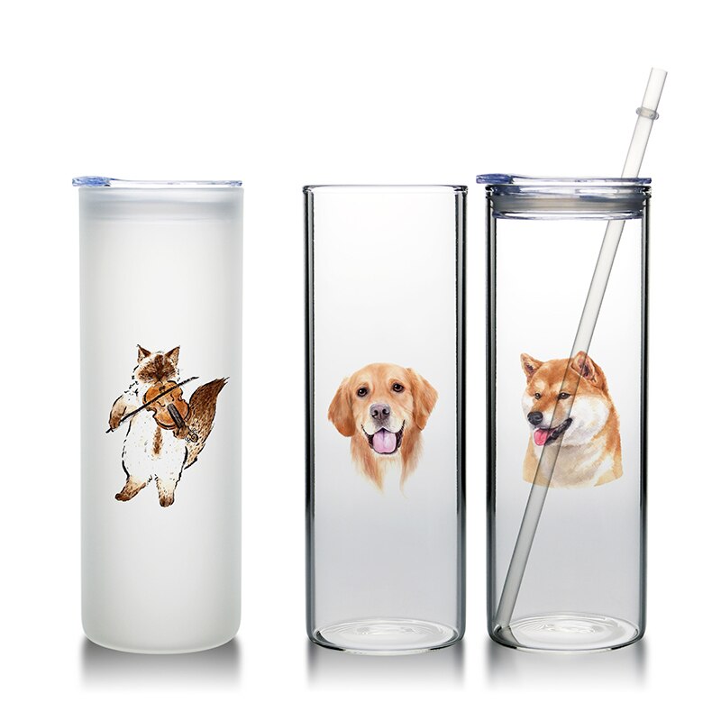 Sublimation Skinny Tumbler 20oz Clear Frosted Glass Juice Cups with Lid and Straw Straight Drinking Bottle For Wedding Party