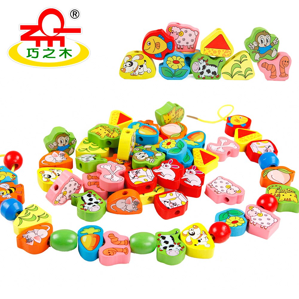 26 stk / sæt træ dyrefrugt blok snorede perle legetøj til børn læring og uddannelse farverige produkter børn legetøj