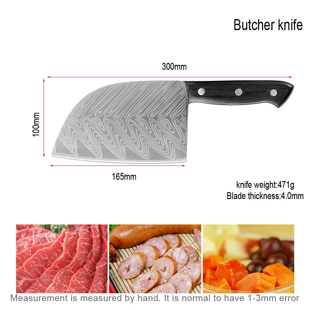 Sowoll 9PCS Kitchen Knives Set Stainless Steel Chef Slicing Bread Cleaver Santoku Utility Paring Knife Wall Knife Storage Tools: H butcher knife