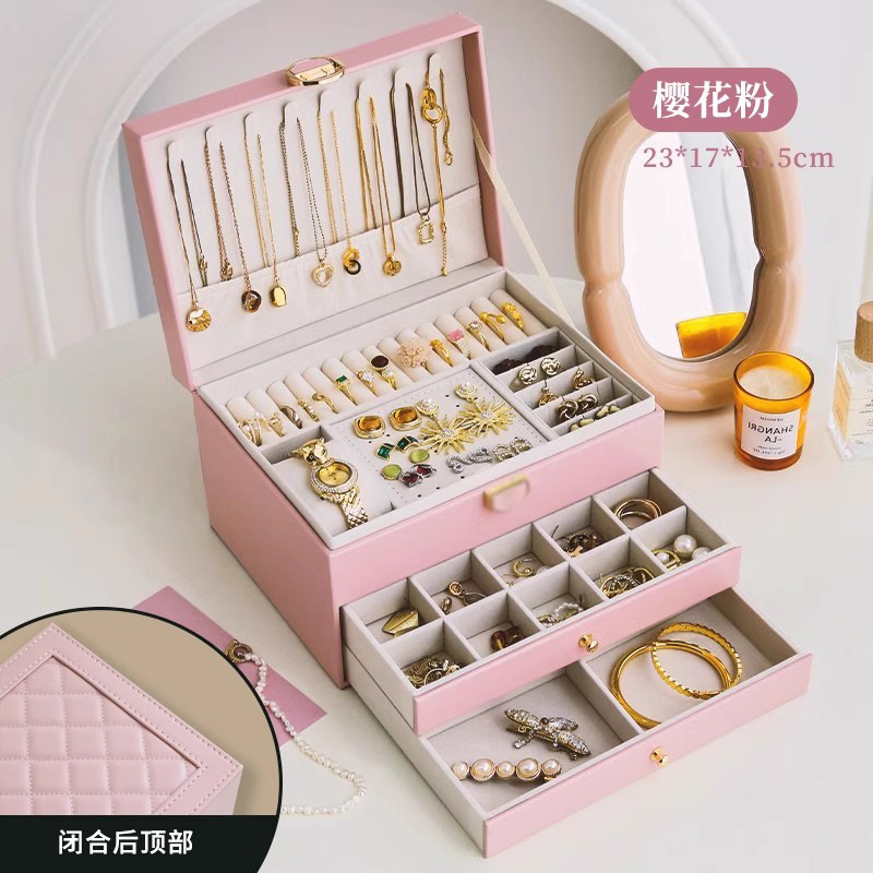 Caja de almacenamiento de joyas, pendientes de collar exquisitos de alta gama, joyero de oro, joyero multicapa de gran capacidad: Rojo
