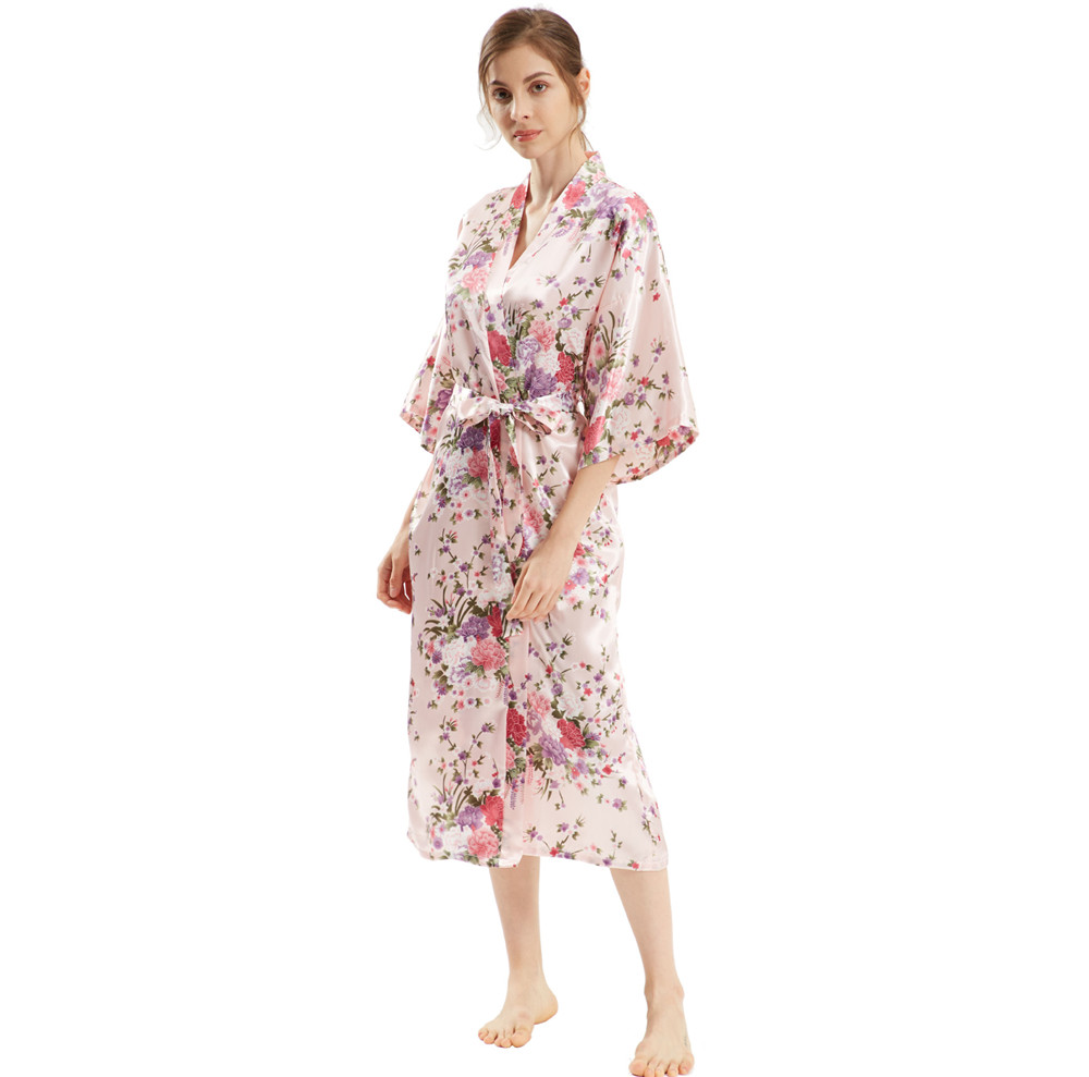 Kimono Badjas Jurk Met Halve Mouw Dames Lang Gewaad Print Bloemen Satijn Nachtkleding Thuis Jurk Losse Loungewear: Black