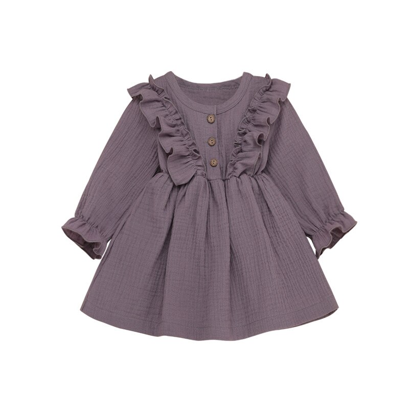 1-6 Years Kids Baby Girl Autumn Dress Ruffles Long Sleeve Solid Party Dresses For Girls Slim Waist Dress Girls Clothes: Purple / 5T