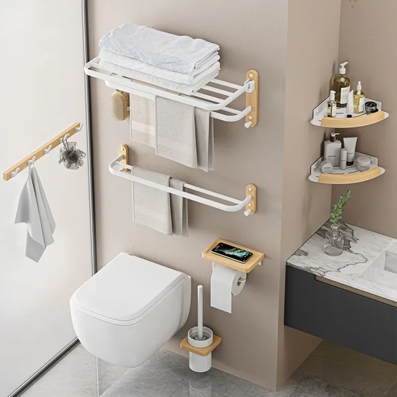 Badezimmer-Handtuchhalter aus Holz, Badregal-einstellen, Dusch-Organizer-Regal, Zauberstab-Badewannenregal aus Holz, Eckregal für Waschraum, Haartrocknerhalter