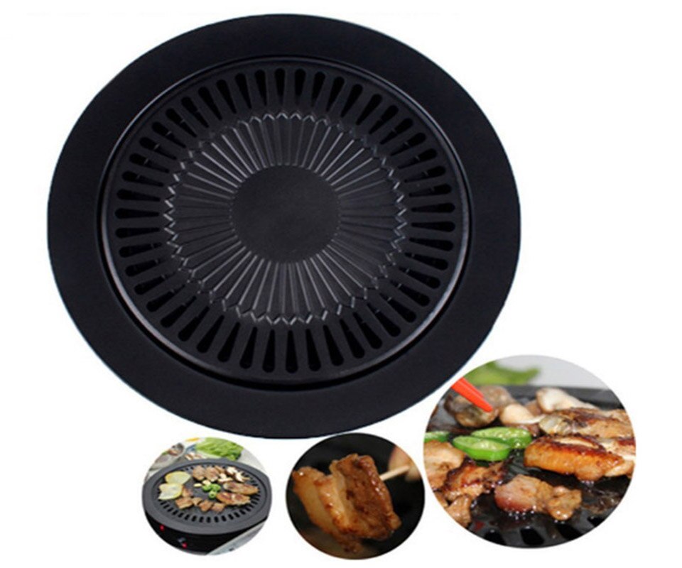 Portable 12Inch Round Shape Smokeless Nonstick Indoor Stovetop Barbecue BBQ Grill Kitchen Pan Griddle Kitchen BBQ Cooking Tools