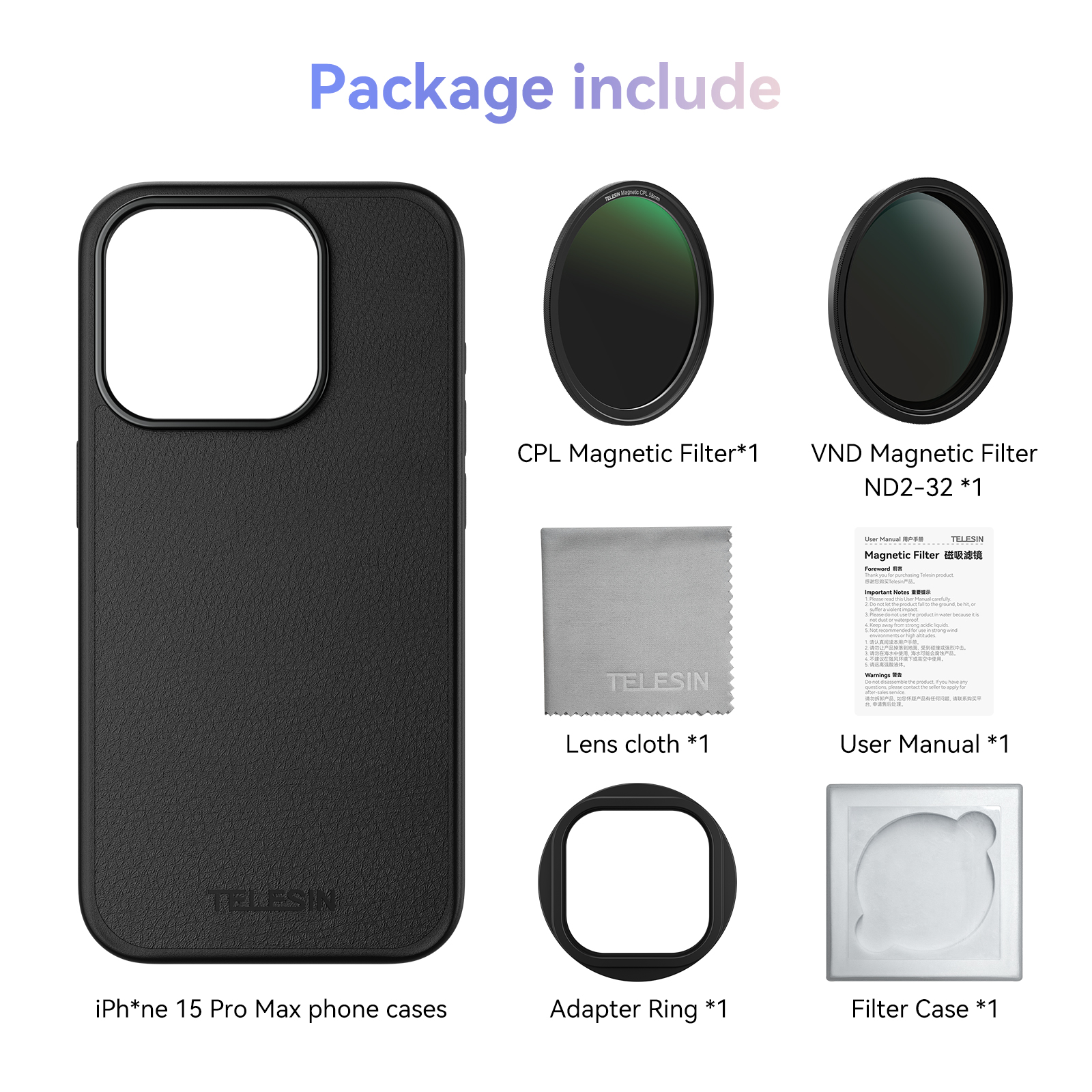 TELESIN téléphone CPL VND filtre pour iphone 15 pro 15 pro max avec étui de protection de téléphone filtre d'objectif pour accessoires iphone: GRIS