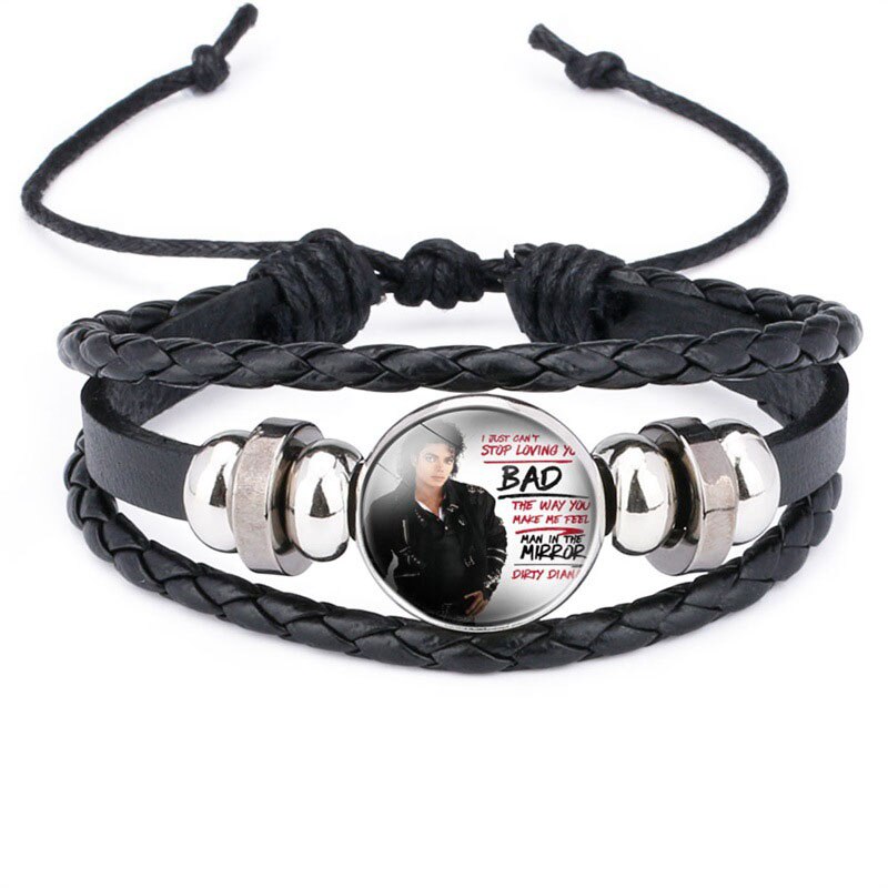 Pulsera de cuero hecha a mano de Michael Jackson, abalorios Pop Dancing King, cabujón colgante de vidrio, pulseras de cuero: 7