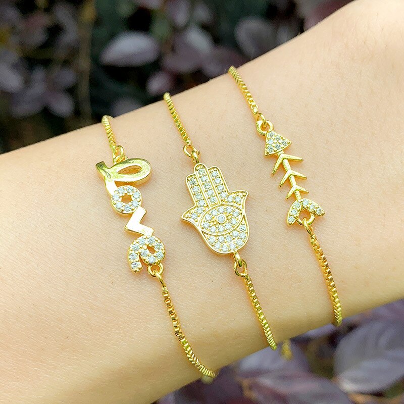 ZHONGVI Fish Bone Love Letter Bracelets For Women Gold Filled Hamsa Hand Bracelet Fatima Cubic Zirconia Statement Jewelry: set