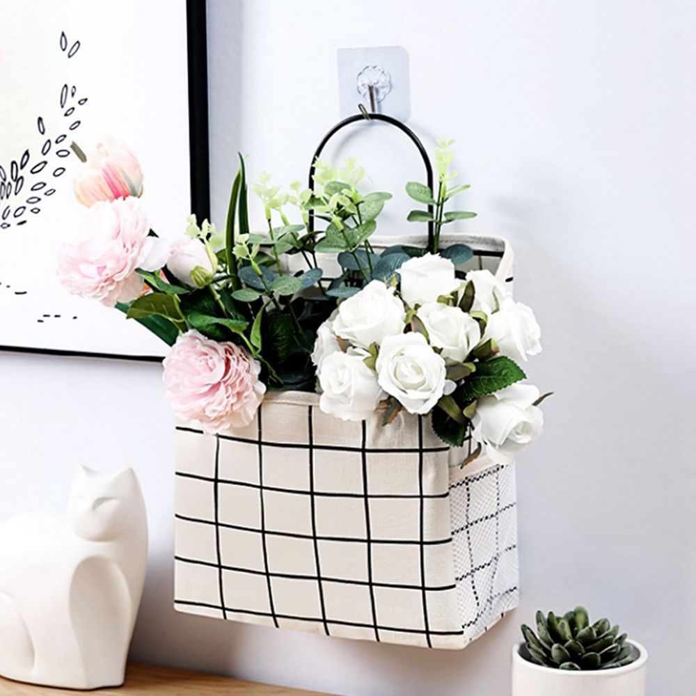 Panier de rangement en lin et coton, tissu imprimé à rayures simples, sac de rangement mural suspendu à la maison ou au bureau avec crochet
