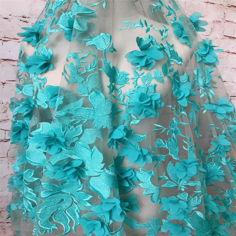 Türkis Bestickt Spitze Stoff Weiche 3D Chiffon Blume Tüll Stoff Braut Spitze Hochzeit Stoff von der werft