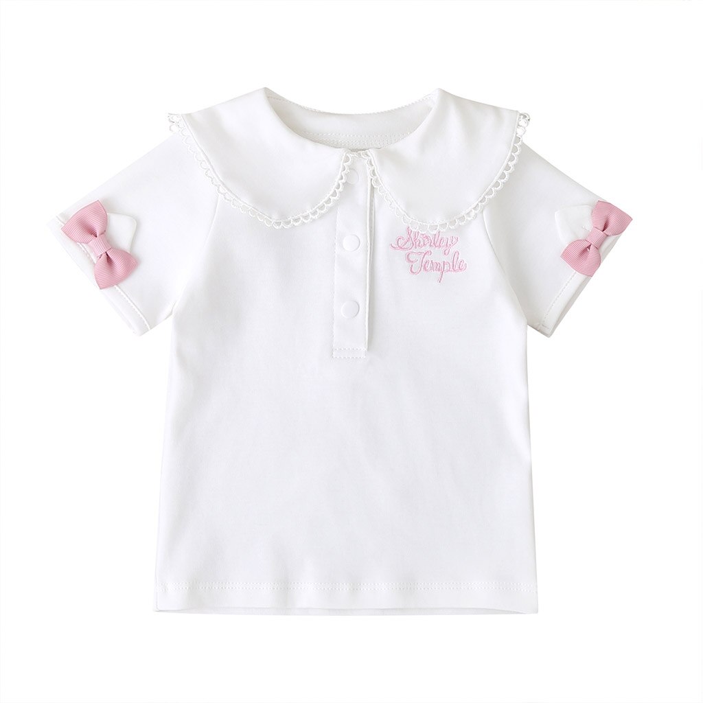 Girl Summer Cotton Short-sleeved T-shirt Korean Children's Clothing Solid Color Bow Shirt Baby Tees Female: 80