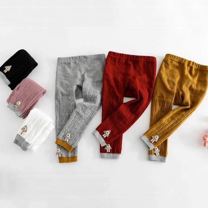 Piger ribbede leggings piger bomuld varme strømpebukser ren farve simple star pencil bukser egnet til 0-5 år gamle børn