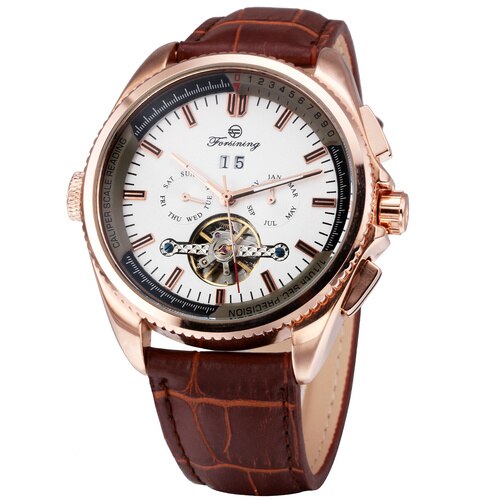 Forsining Luxe Top Brand Mannen Mechanische Automatische Horloge Man Tourbillon Horloge Kalender Datum Lichtgevende Handen Sub-Wijzerplaten + Box: ROSE GOLDEN WHITE