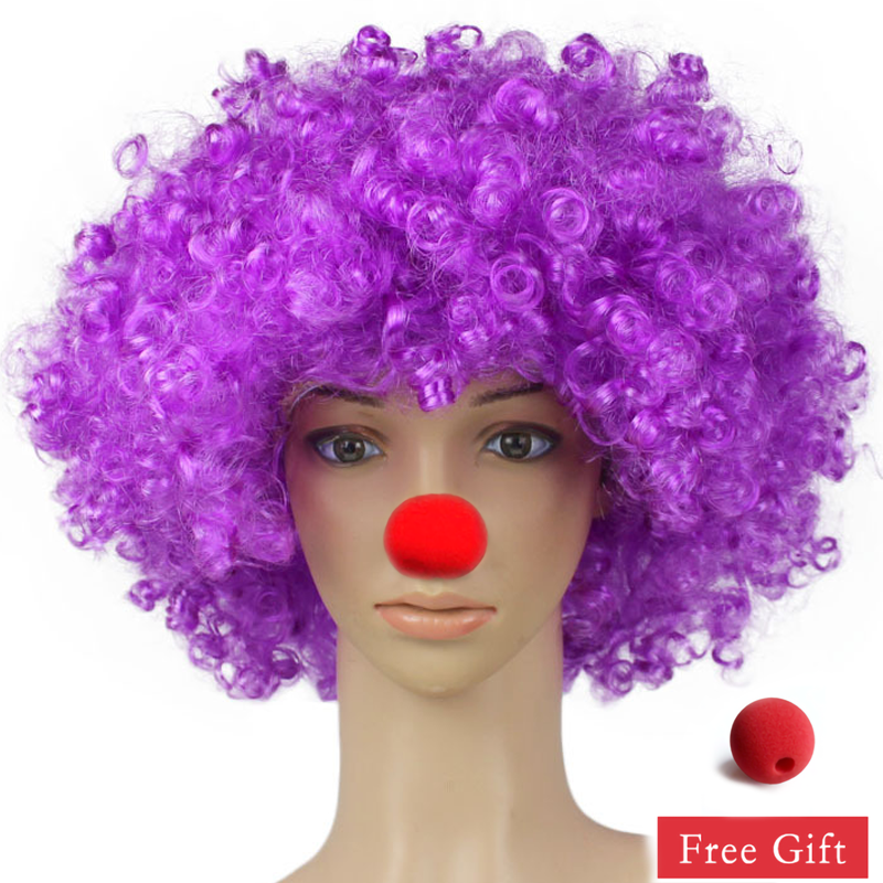 Kleurrijke Clown Pruik Afro Krullend Synthetische Pruik Cosplay voor Mannen Vrouwen Mardi Gras Party Pruik Rood Groen Geel Blauw Pruik Clown Neus: Paars