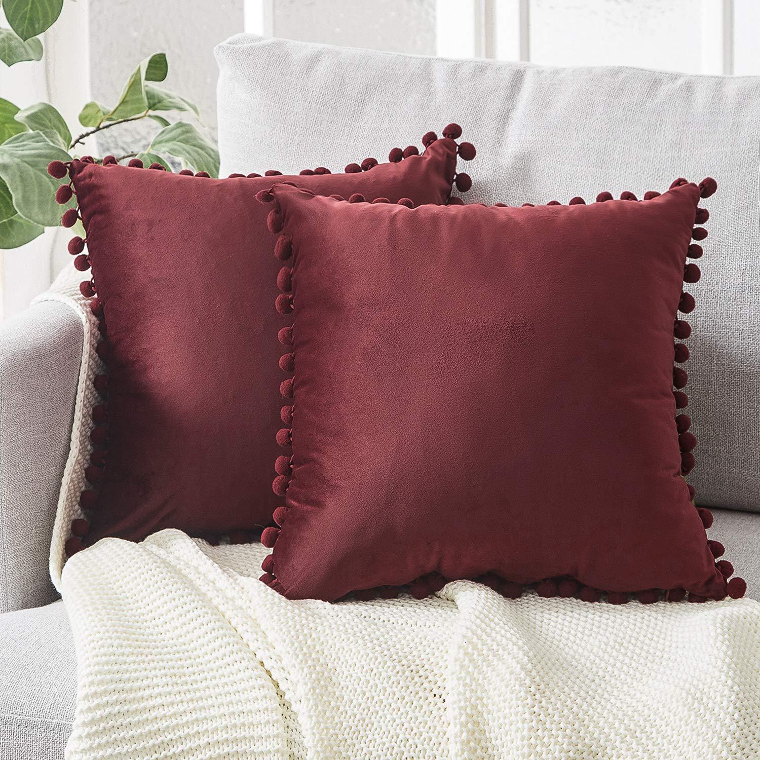Vihreä sininen harmaa vaaleanpunainen massiivi sametti koriste tyynyliina pehmeä sametti tyynynpäällinen pompom pallo sohvatyynynpäällinen 30 x 50cm: Viininpunainen / 1 kpl 300-500mm