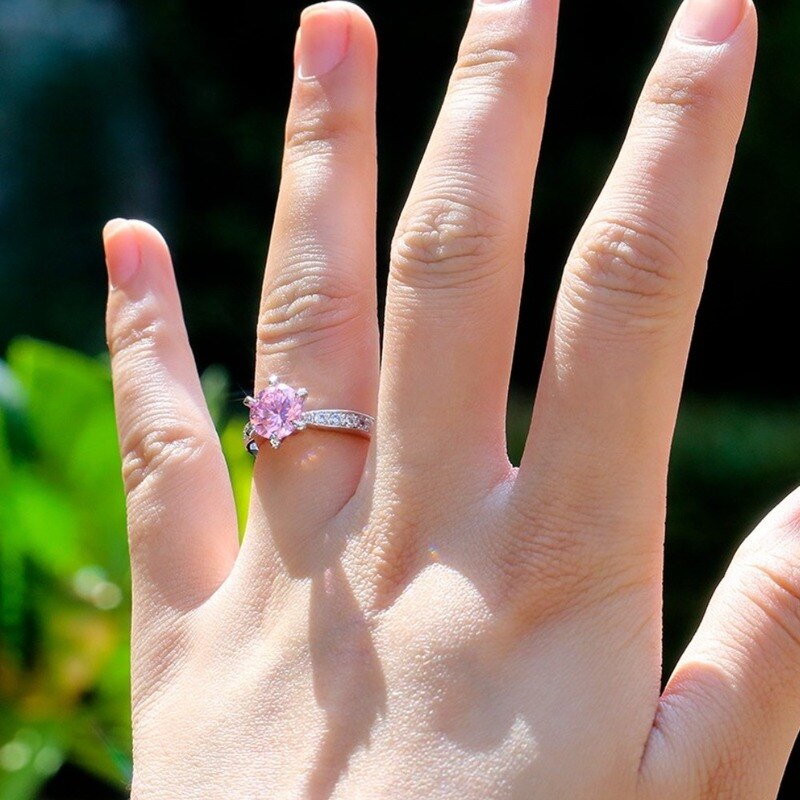 Caoshi Romantische Ronde Roze Kristallen Stenen Ringen Voor Vrouwen Prong Instellen Paar Eternity Sieraden Mooie