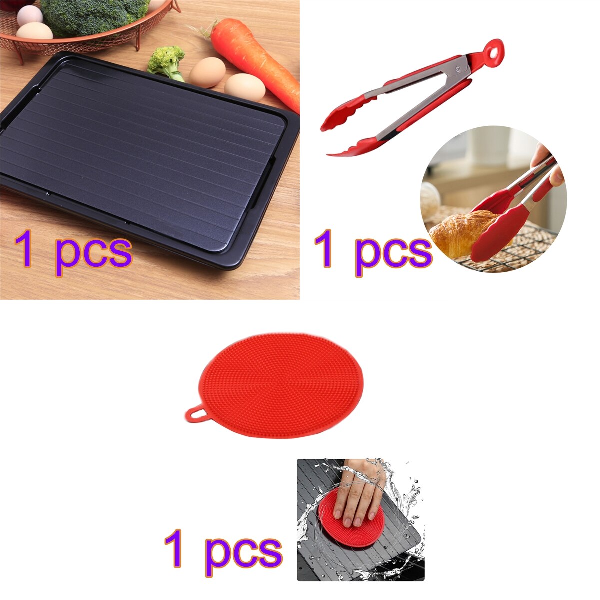 Hurtig optøning bakke optøning frossen mad kød frugt hurtig optøning tallerken bord afrimning køkken gadget værktøj mad klip børste: 3 stk