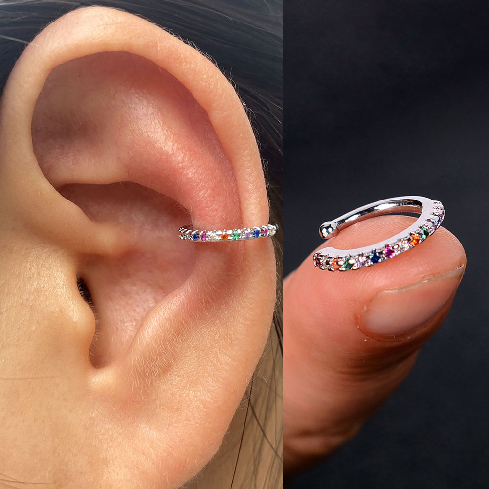 1pc nova chegada moda requintado arco-íris zircão orelha manguito brinco para a mulher geometria cristal sem piercing orelha clipe de jóias de verão: 9 silver