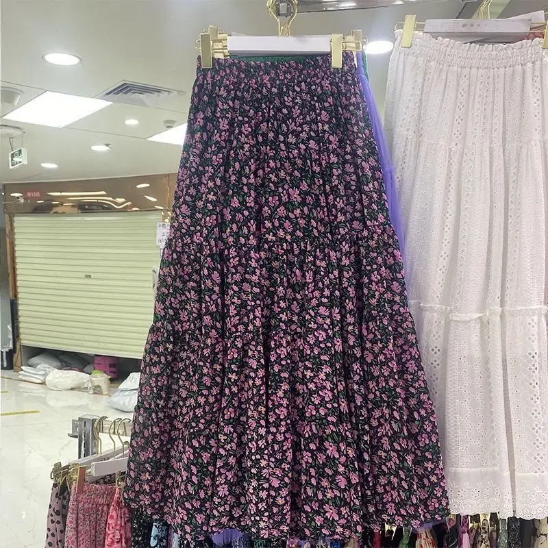 Koreansk dongdaemun blomstertrykk elastisk midje drapert skjørt dame a-linje midi skjørt vårsesongen slankende elegant: M / Lilla