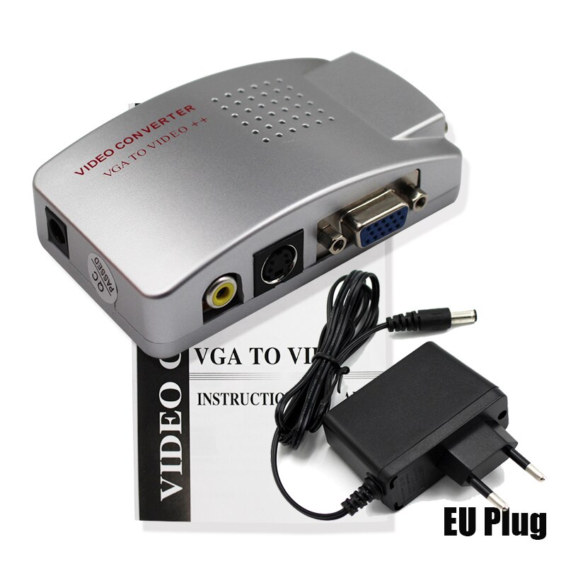 Adaptador de vídeo compuesto VGA a TV para ordenador portátil, convertidor de señal NTSC/PAL para PC, AV, RCA, con soporte de caja s-rgb de vídeo: With EU Plug