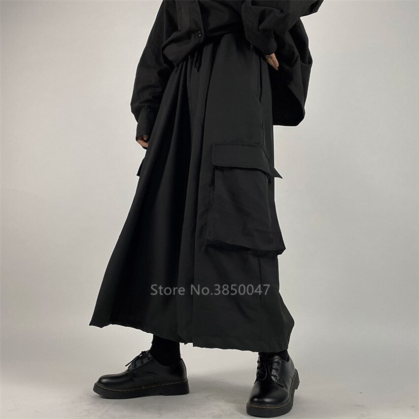 Harajuku Japanese Style Pants Haori Wide Leg Trousers Samurai Costume Black Gothic Harem Pants Kimono Loose Hip Hop Punk Yukata