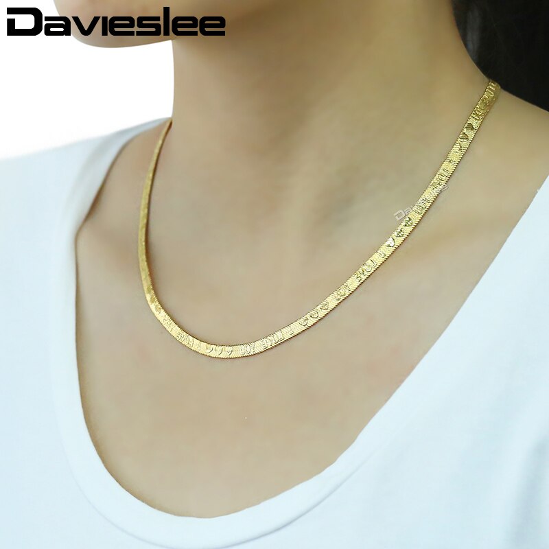 Davieslee 5mm Ketting Mannen Vrouwen Ketting Snake Visgraat Kettingen Gold Filled I Love U Patroon Mode-sieraden DGN468