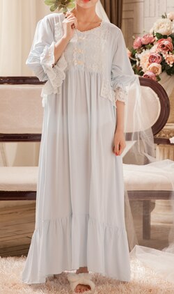 Loose Nightgown Women Long Nightdress Sleepwear Ladies Princess Sleepwear Ankle Length Nightwear Dress: light blue