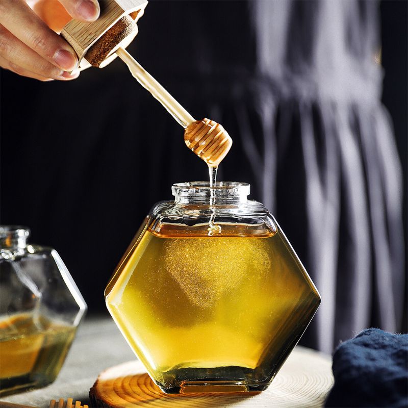 220ML/380ML Hexagonal Glass Honey Bottle with Wooden Stirring Rod Honey Packaging Bottle Small Honey Bottle Container Honey Jar