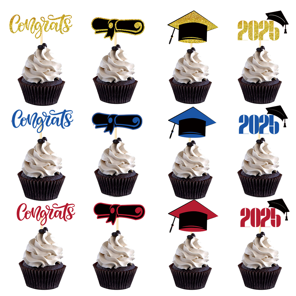 16pcs Glitter Graduation Cupcake Toppers Class of Congrats Grad Cap Diploma Cupcake Picks for Graduation Party Decorations