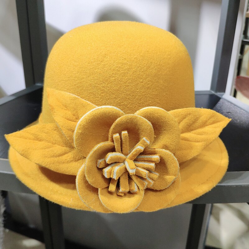 Chapeau Fedora en laine pour femmes, chapeau seau à fleurs texturées, , en forme de dôme, à la , automne hiver: turmeric