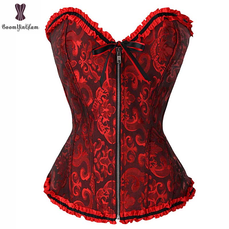 Bloemen Corset Laciness Rits Bustier Elastische Uitgebeend Plus Size Gothic Korset Nacht Clubwear Corselet Side Red Side Zwart