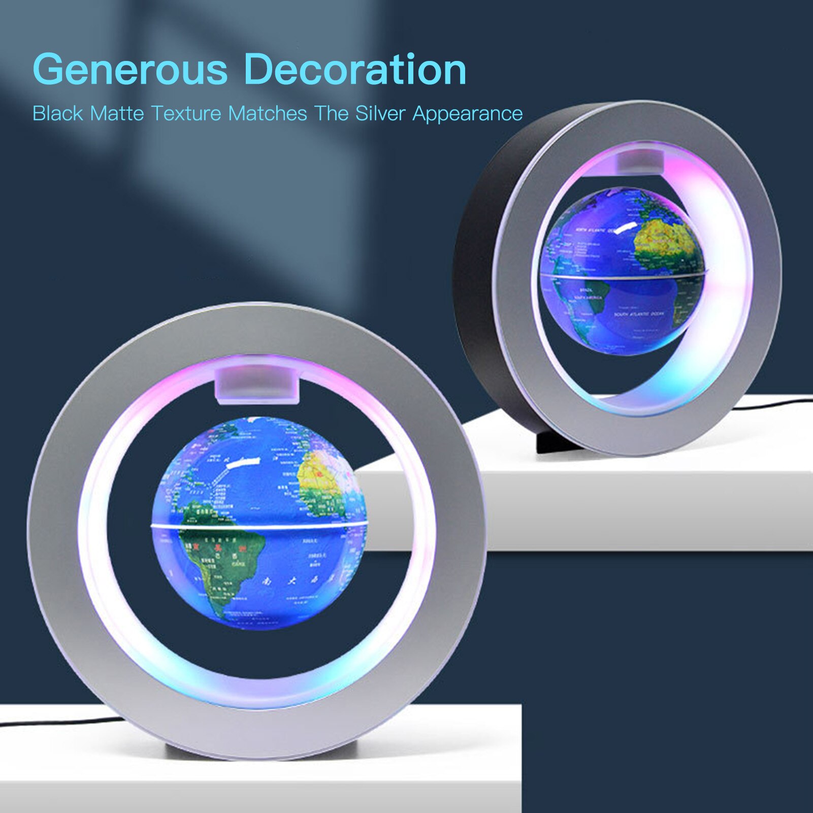 Globe flottant 6 pouces à lévitation magnétique, carte du monde rotative avec Base de lumière multicolore, lampe Globe Anti-gravité créative