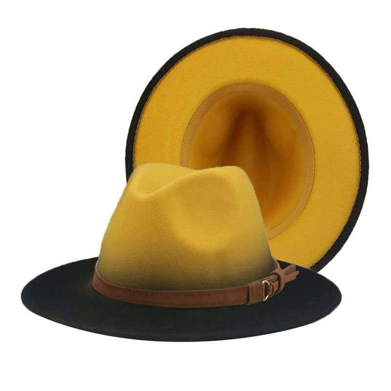 Women's Hat Fedora Gradient Color Red Blue Patchwork Men Hat Casual Belt Hip Hop Panama Winter Hats for Women Sombreros De Mujer: yellow