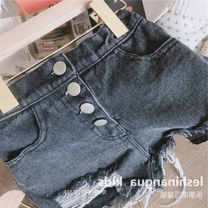 Flicka jeans shorts bebis flicka knapp gylf jeans shorts barn casual trasiga hål byxor flickor stretch slitna jeans