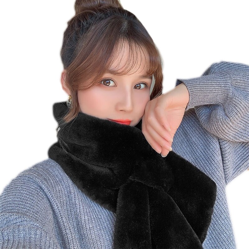 Women Thick Fuzzy Plush Loophole Cross Collar Scarf Solid Color Neck Wrap Shrug: Black