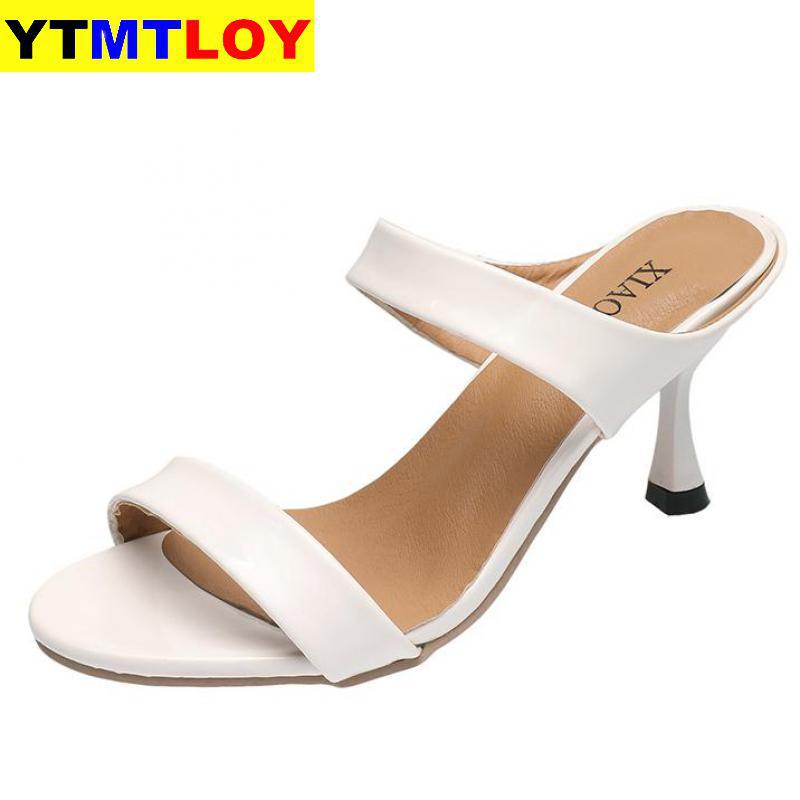 Sommer kvinder sandaler bryllup sko brude spids tå kvinde hjemmesko lave hæle kjole sko sandalias mujer peep toe: Hvid / 37