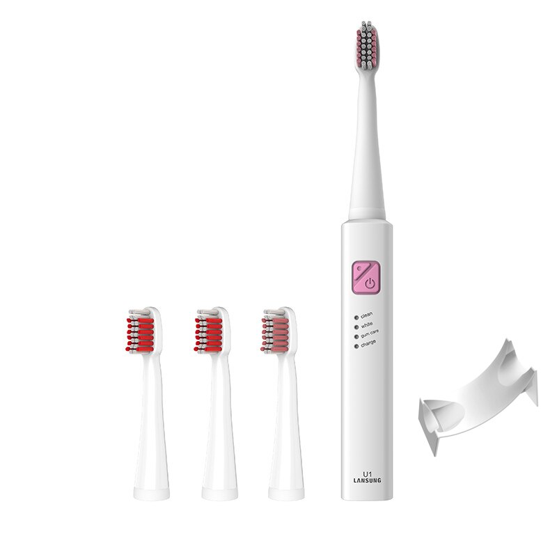 LANSUNG brosse à dents électrique sonique Ultra sonique brosses à dents rechargeables USB avec 4 pièces têtes de rechange et 1 porte-brosse à dents: Pink