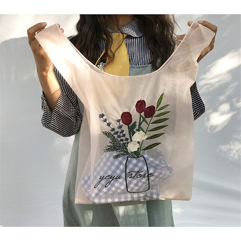 Women Transparent Tote Organza Yarn Cloth Beach Bag Embroidery Handbag Eco Clear Hand Bags Purse For Girls